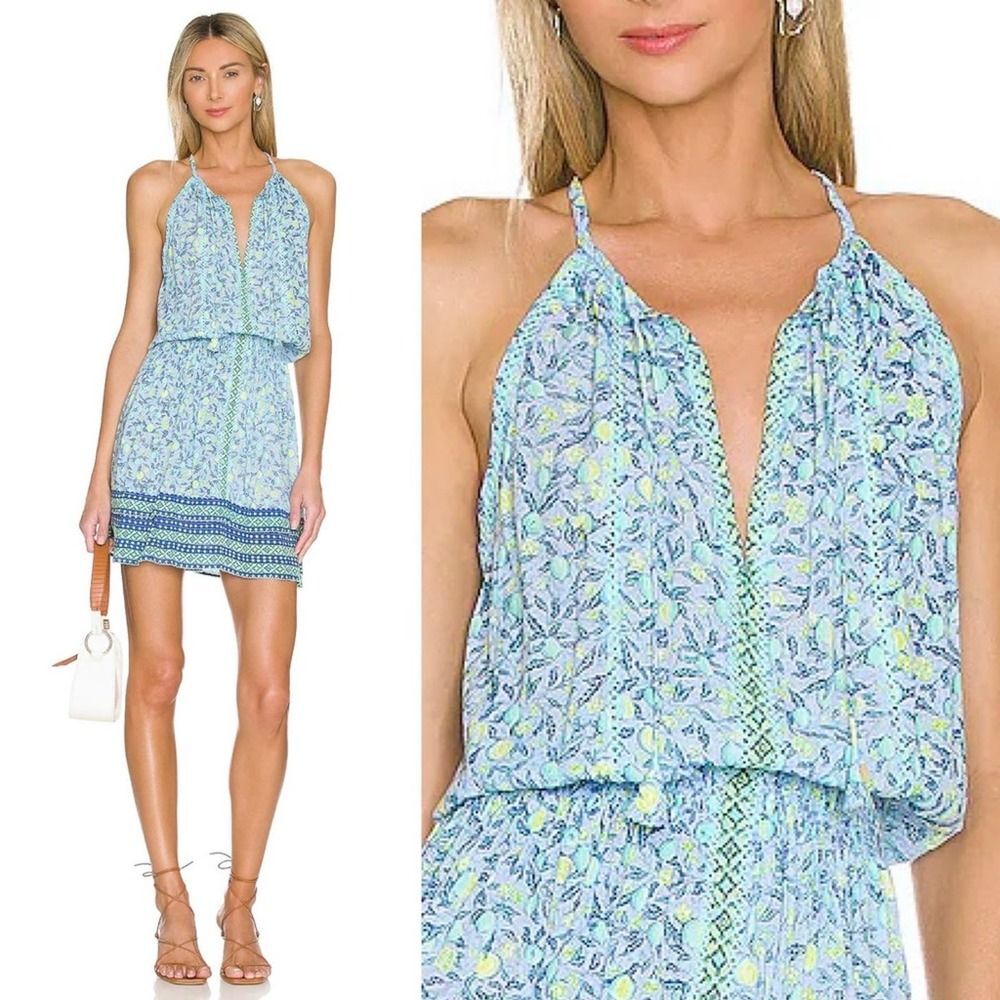 Poupette St Barth Carine Mini Dress Blue Lemon Floral Tassel Embroidery Size XS